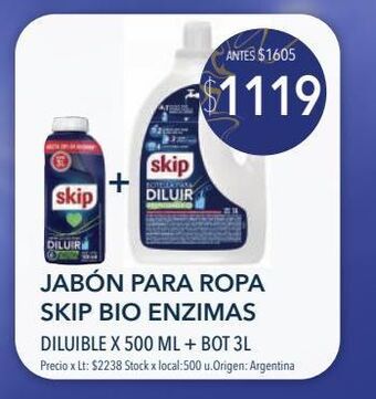 Jumbo Jabón para ropa skip bio enzimas diluible x 500 ml + bot 3l oferta