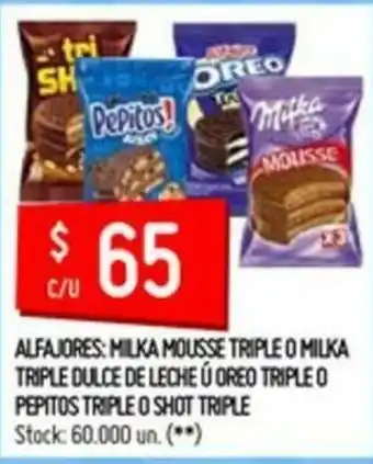 Changomas Alfajores: Milka Mousse Triple o Milka Triple Dulce de Leche ú Oreo Triple o Pepitos Triple o Shot Triple oferta