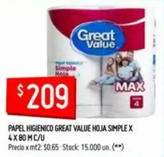 Changomas Great Value Hoja Simple Papel Higienico x 4 x 80m c/u oferta