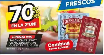 Carrefour Maxi Granja iris salchichas light viena junior con queso fp 70% off en la 2° uni oferta