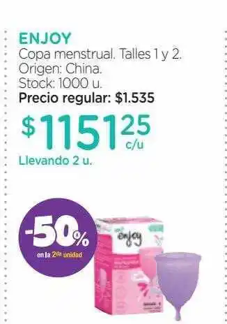 Farmacity Enjoy copa menstrual talles 1 y 2 -50% en la 2da unidad oferta