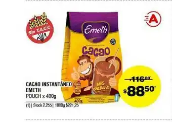 Atomo Conviene Emeth Cacao Instantáneo Pouch x 400g oferta