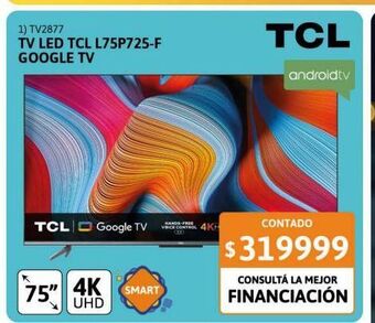 Cetrogar Smart tv led 75" tcl l75p725-f ultra hd google tv oferta