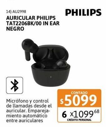 Cetrogar Auricular philips tat2206bk/00 in ear negro oferta