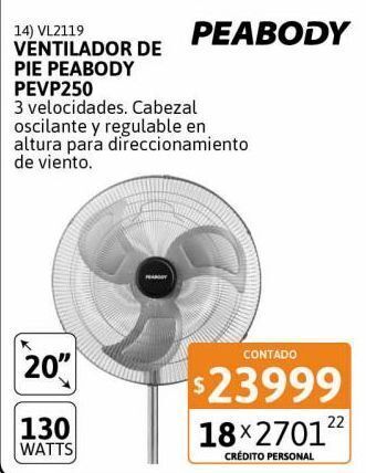 Cetrogar Ventilador de pie 20" peabody metal 130w oferta