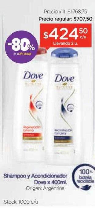 Farmacity Shampoo y acondicionador dove -80% en la 2da unidad oferta