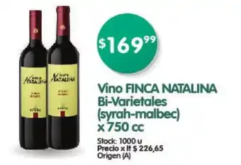 Supermercados Buenos Días Finca Natalina Vino Bi-Varietales (syrah-malbec) x 750cc oferta