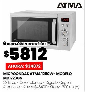 Changomas Microondas atma 1250w- modelo md1723gn oferta