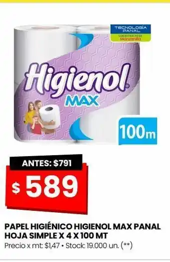 Changomas Papel higiénico higienol max panal hoja simple x 4 x 100 mt oferta