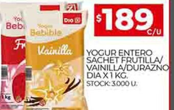 Supermercados DIA Yogur Entero Sachet Frutilla/ Vainilla/ Durazno Dia X 1 KG oferta