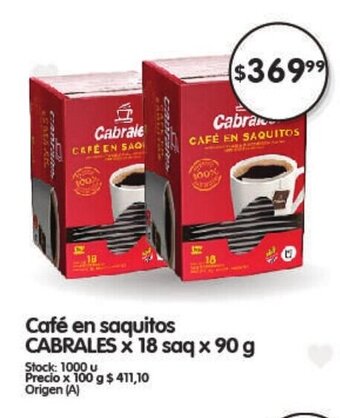 Supermercados Buenos Días Café en Saquitos Cabrales x 18 saq x 90g oferta