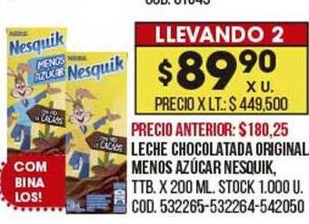 Coto Leche chocolatada original menos azúcar nesquik oferta