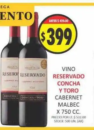 Supermercados Becerra Vino reservado concha y toro cabernet malbec x 750 cc oferta