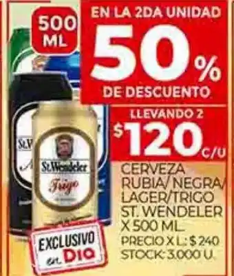 Supermercados DIA En la 2da unidad 50% de descuento cerveza rubia negra lager trigo st. wendeler oferta