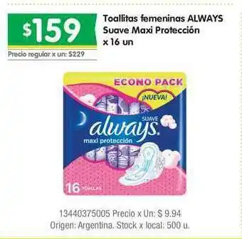 Jumbo Toallitas Femeninas Always Suave Maxi Protección x 16un oferta