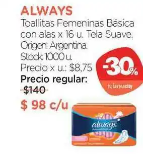 Farmacity Always Toallitas Femeninas Básica Con Alas oferta