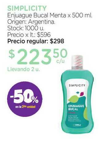 Farmacity Simplicity Enjuague Bucal Menta x 500ml oferta