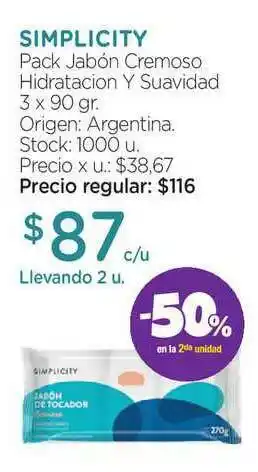 Farmacity Simplicity Pack Jabón Cremoso Hidratacion Y Suavidad 3 x 90 gr oferta