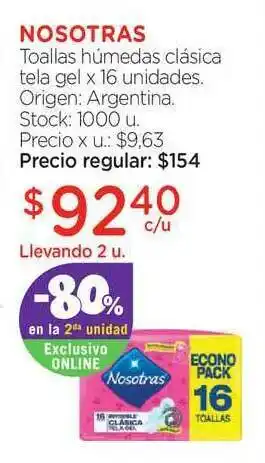 Farmacity Nosotras Toallas Húmedas Clásica Tela Gel x 16unidades oferta
