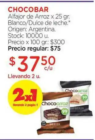 Farmacity Chocobar Alfajor De Arroz Blanco Dulce De Leche Llevando x 25gr oferta