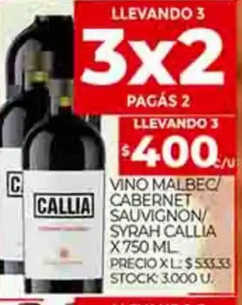 Supermercados DIA Vino Malbec/Cabernet Sauvignon/Syrah Calla x 750ml oferta