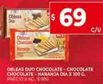 Supermercados DIA Obleas Duo Chocolate - Chocolate Chocolate-Naranja Dia x 100g oferta