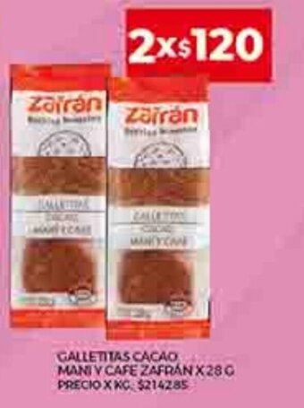 Supermercados DIA Galletitas Cacao Mani Y Cafe Zafran x 28g oferta