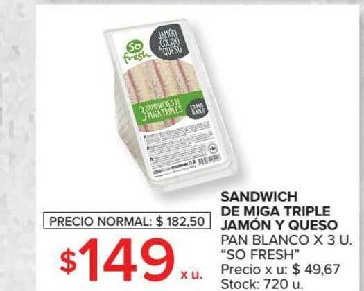 Carrefour Market So Fresh Sandwich De Miga Triple Jamón Y Queso Pan Blanco X 3 U oferta