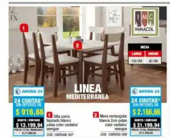 Rio Shop Deco 1-silla curva tapizado blanco patas color castaño wengue 2-mesa rectangular blanca 2m patas color castaño wengue oferta