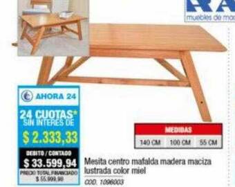 Mesita centro mafalda madera maciza lustrada color miel