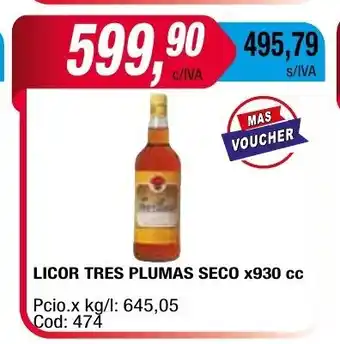 Maxiconsumo Licor Tres Plumas Seco x 930cc oferta