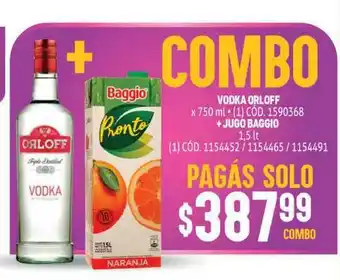 Makro Vodka Orloff x 750ml + Jugo Baggio 1.5lt oferta