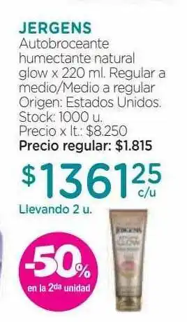 Farmacity Jergens autobroceante humectante natural glow -50% en la 2da unidad oferta
