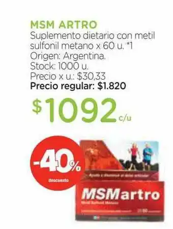 Farmacity Msm artro suplemento dietario con metil sulfonil metano -40% descuento oferta