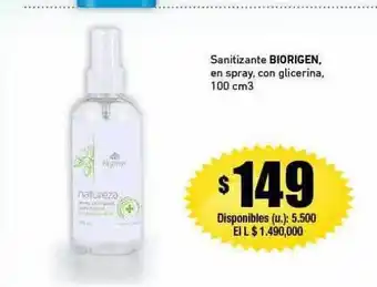 Sanitizante biorigen en spray con glicerina