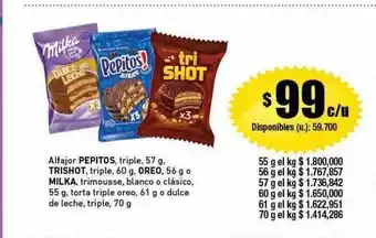 Cooperativa Obrera Alfajor pepitos triple trishot triple oreo o milka trimousse blanco o clásico torta triple oreo o dulce de leche triple oferta