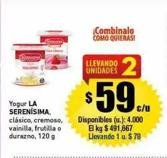 Cooperativa Obrera Yogur la serenísima clásico cremoso vainilla frutilla o durazno oferta