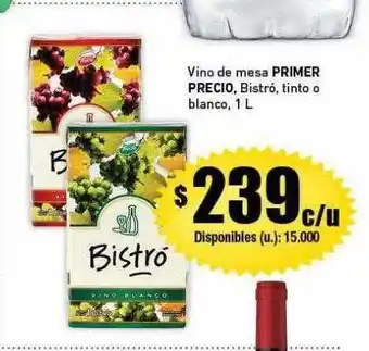 Cooperativa Obrera Vino de mesa primer precio bistró tinto o blanco oferta