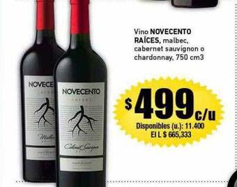 Cooperativa Obrera Vino novecento raíces malbec cabernet sauvignon o chardonnay oferta