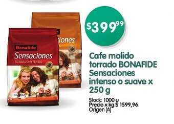 Supermercados Buenos Días Cafe Molido Torrado Bonafide Sensaciones Intenso o Suave x 250g oferta