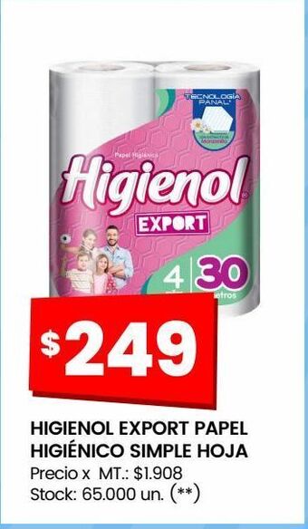 Changomas Higienol export papel higiénico simple hoja oferta