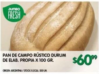 Jumbo Pan de campo rústico durum de elab. propia x 100g oferta