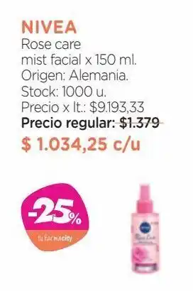 Farmacity Mist facial refrescante nivea rose care para todo tipo de piel x 150 ml oferta