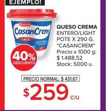 Carrefour Queso crema entero-light pote casancrem 40% descuento oferta