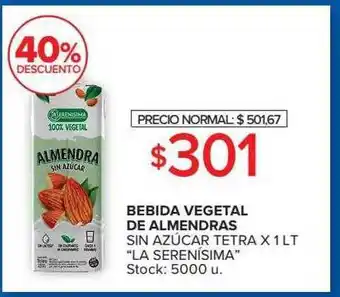 Carrefour Bebida vegetal de almendras sin azúcar tetras x 1 lt la serenísima 40% descuento oferta