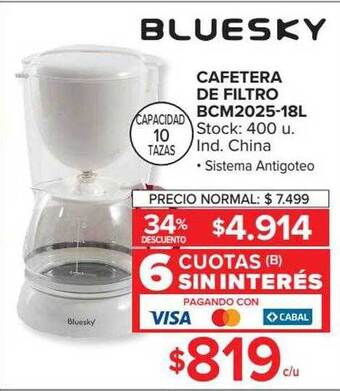 Carrefour Bluesky cafetera de filtro bcm2025-18l oferta