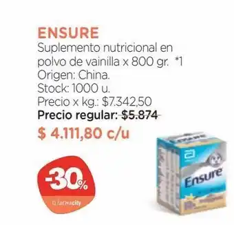 Farmacity Suplemento nutricional ensure en polvo de vainilla x 800 g oferta