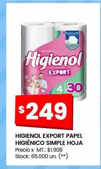 Changomas Higienol export papel higiénico simple hoja oferta