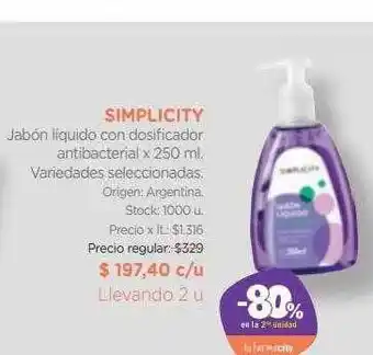 Farmacity Simplicity jabón liquido con dosificador antibacterial -80% en la 2a unidad oferta