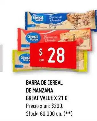 Walmart Great Value Barra De Cereal De Manzana 21g oferta